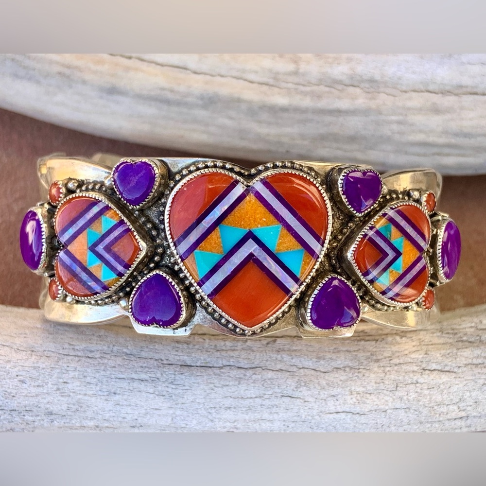 Aldrich Art * stunning Red Coral & Sugilite Inlay Trio Heart Cuff Bracelet